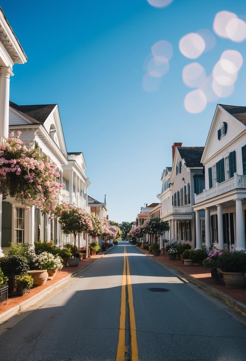 A charming street in Charleston, SC, lined with historic buildings and blooming flowers under a clear blue sky