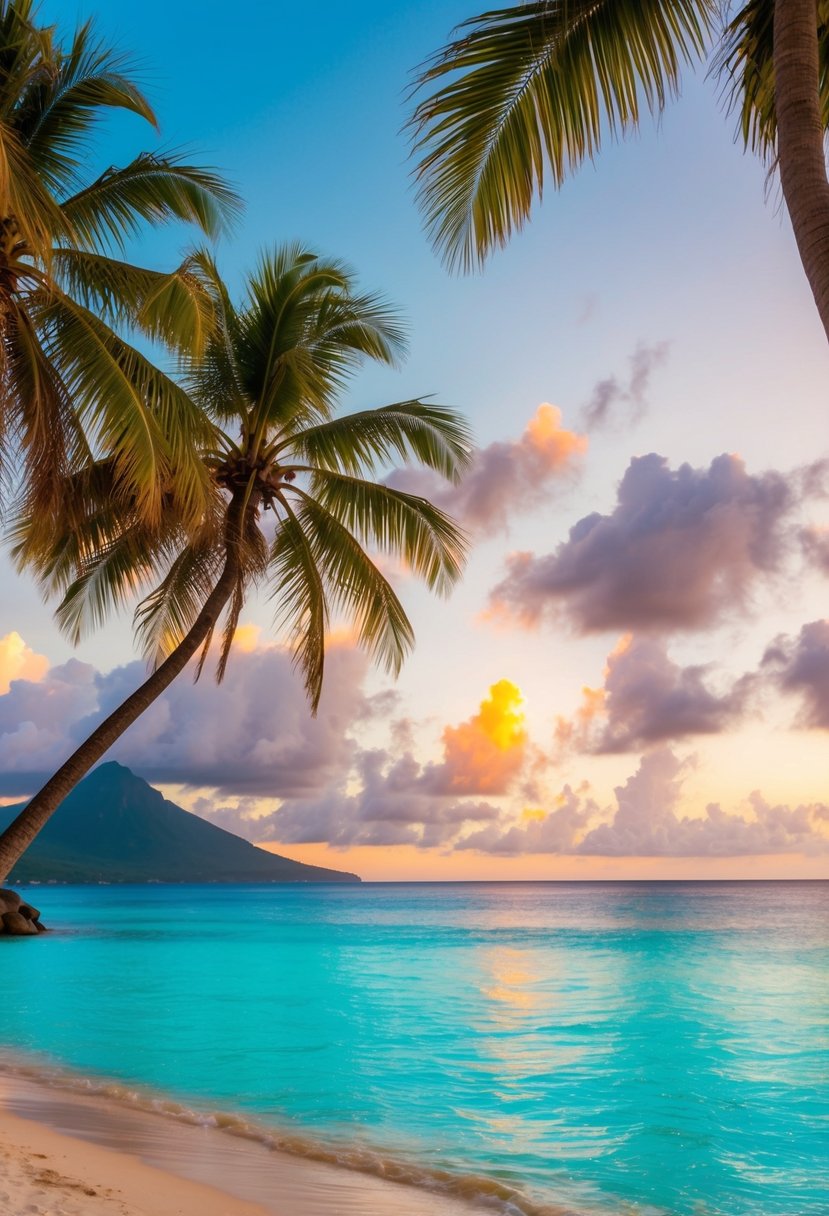 A serene beach in Seychelles, with crystal-clear turquoise waters, palm trees swaying in the gentle breeze, and a vibrant sunset painting the sky