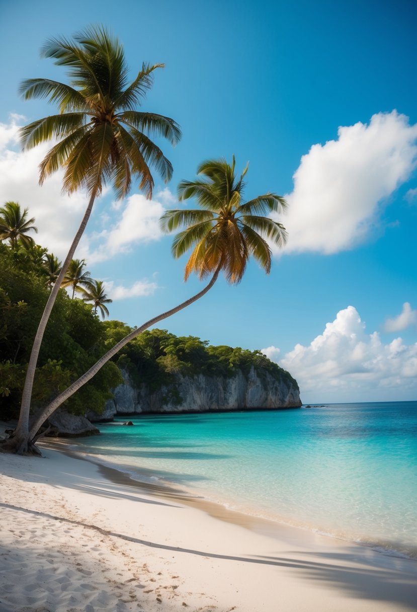 A serene beach with crystal-clear waters, palm trees, and white sand, nestled between lush cliffs in Montego Bay, Jamaica