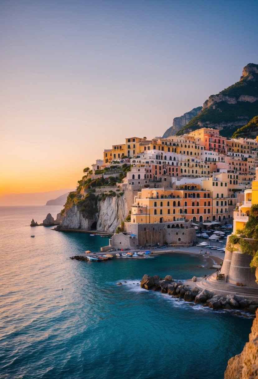 The sun sets over the Amalfi Coast, casting a warm glow on the colorful cliffside villages and the sparkling blue waters below
