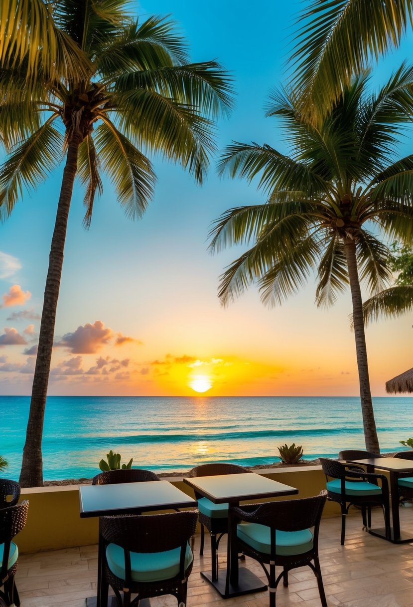 A serene beachfront with palm trees, turquoise waters, and a colorful sunset at Rick's Cafe Negril in Jamaica