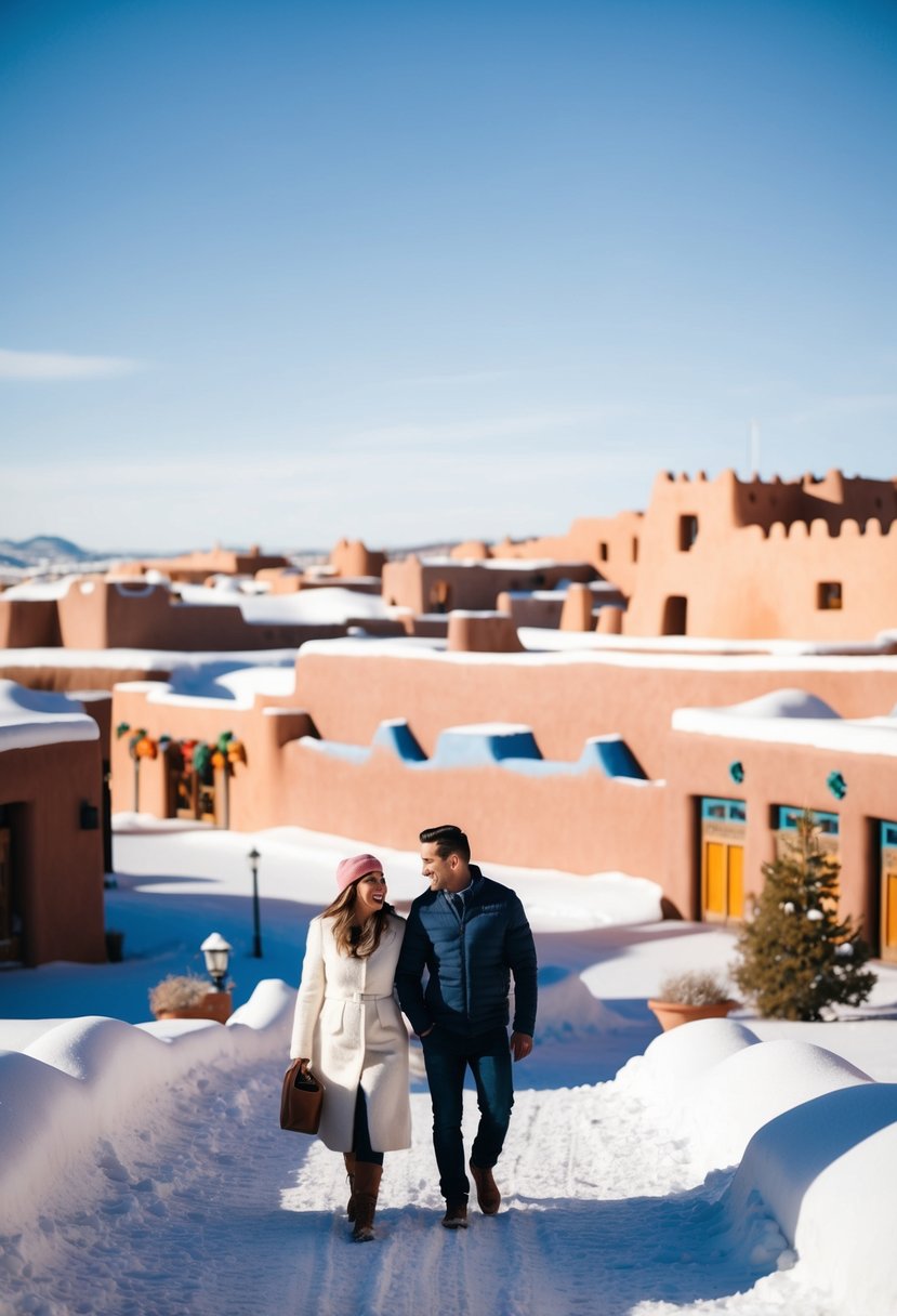 A couple strolling through a snow-covered adobe village in Santa Fe, with colorful southwestern architecture and a clear blue sky