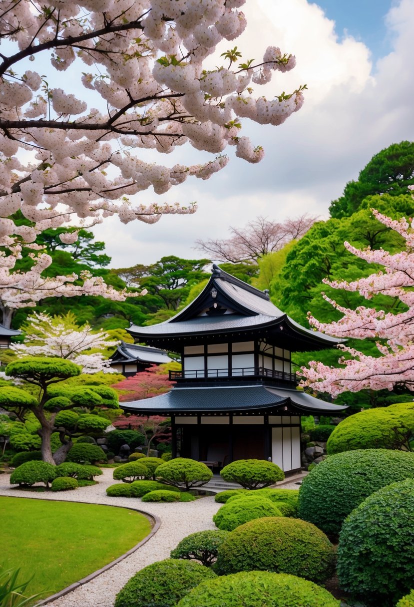 A serene garden with blooming cherry blossoms and a traditional Japanese teahouse nestled among lush greenery in Kyoto, Japan