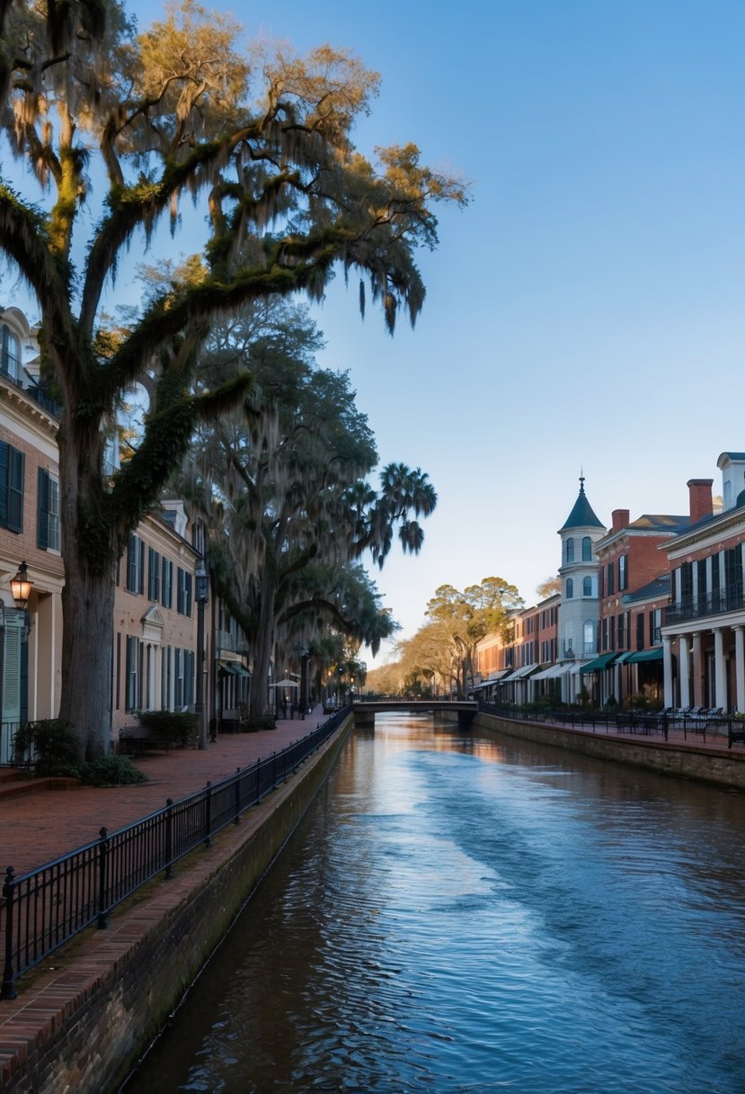 A tranquil river flowing through the historic city of Savannah, Georgia in January, with charming cobblestone streets and moss-draped oak trees lining the waterfront