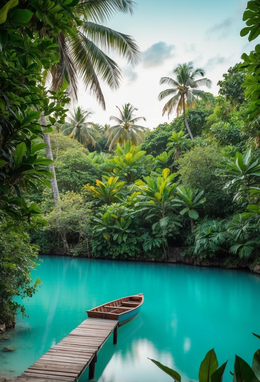 A tranquil, aquamarine lagoon nestled among lush tropical foliage, with a wooden dock and a small boat floating on the serene water