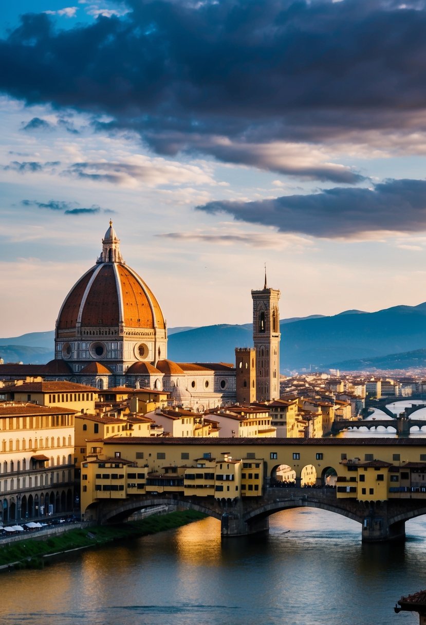 A picturesque view of the historic cityscape of Florence, Italy in July, with iconic landmarks such as the Duomo and Ponte Vecchio