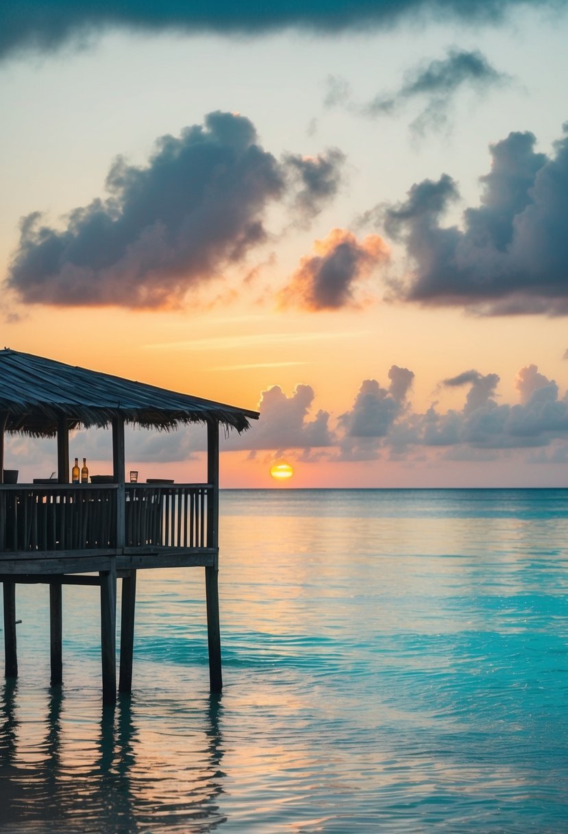 A serene beach at sunset, with a rustic wooden bar perched on stilts in the calm, turquoise waters of the Caribbean