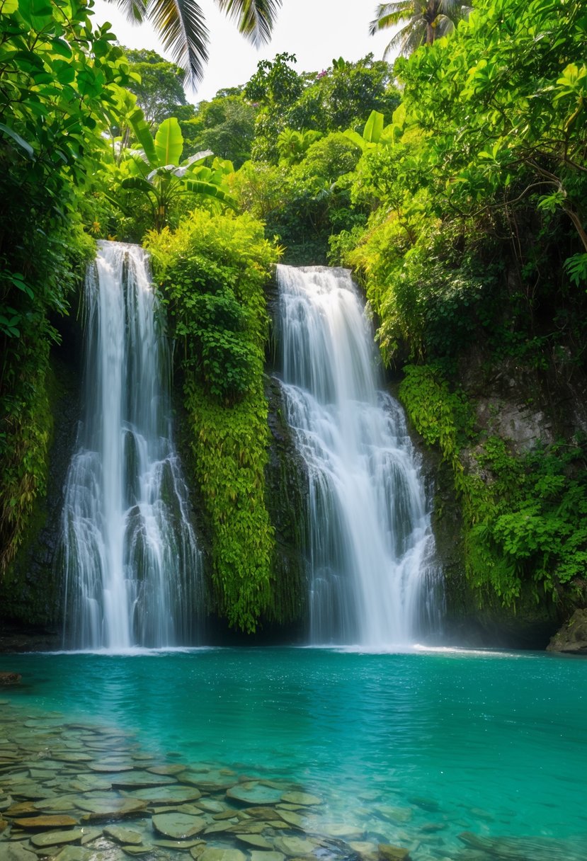 A lush tropical waterfall cascades into a crystal-clear pool surrounded by vibrant green foliage at Mayfield Falls in Jamaica