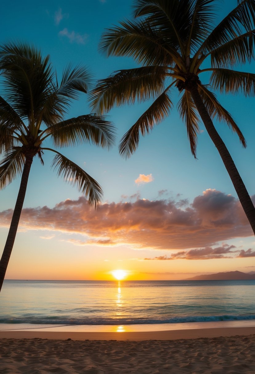 A stunning sunset over the pristine beaches of Maui, with palm trees swaying in the warm breeze and the turquoise waters glistening in the golden light