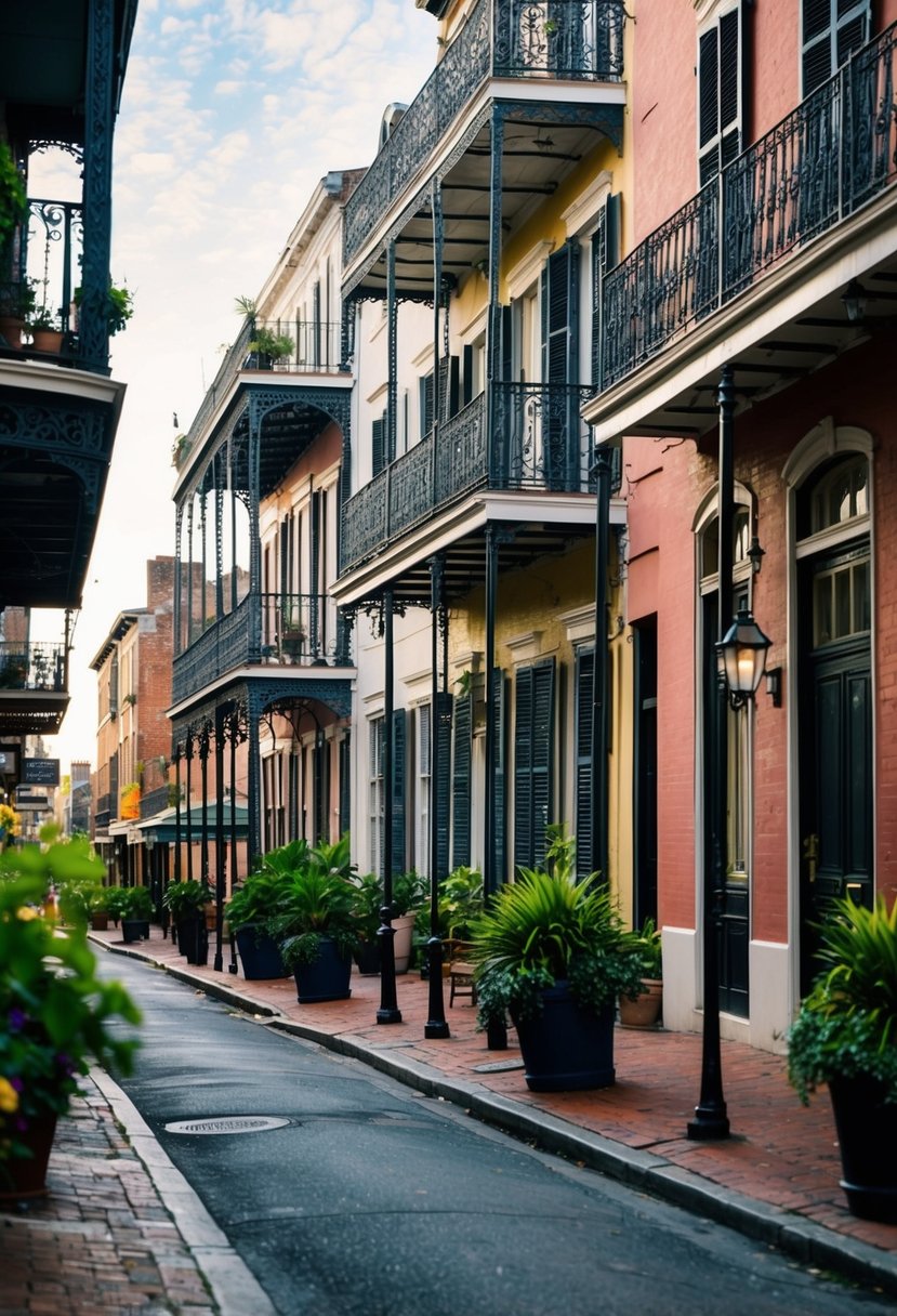 A colorful street in the French Quarter, with historic buildings, wrought-iron balconies, and lush greenery. The sound of jazz music fills the air