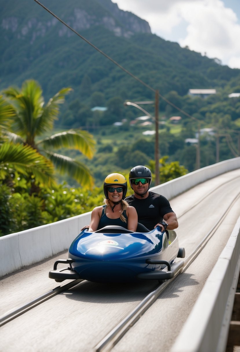 A couple rides a bobsled down Mystic Mountain in Jamaica. The lush tropical landscape surrounds them as they speed down the track