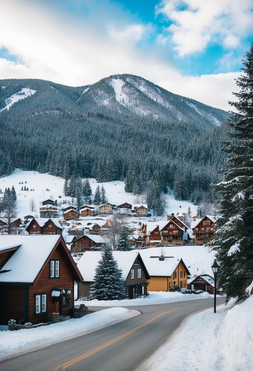 Snow-covered mountains, cozy cabins, and a quaint village in Stowe, Vermont. A peaceful winter scene perfect for a January honeymoon