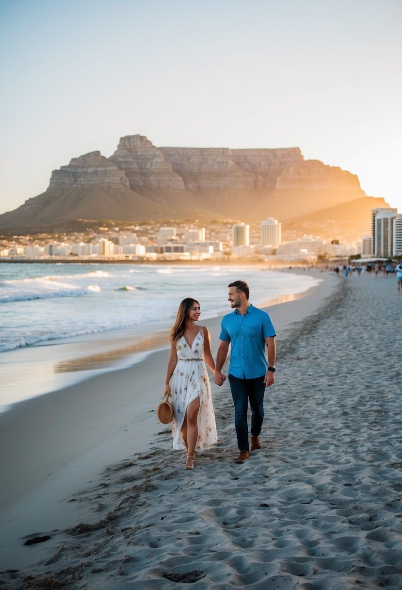 A couple strolling along the picturesque beaches of Cape Town, with Table Mountain in the background and the sun setting over the ocean