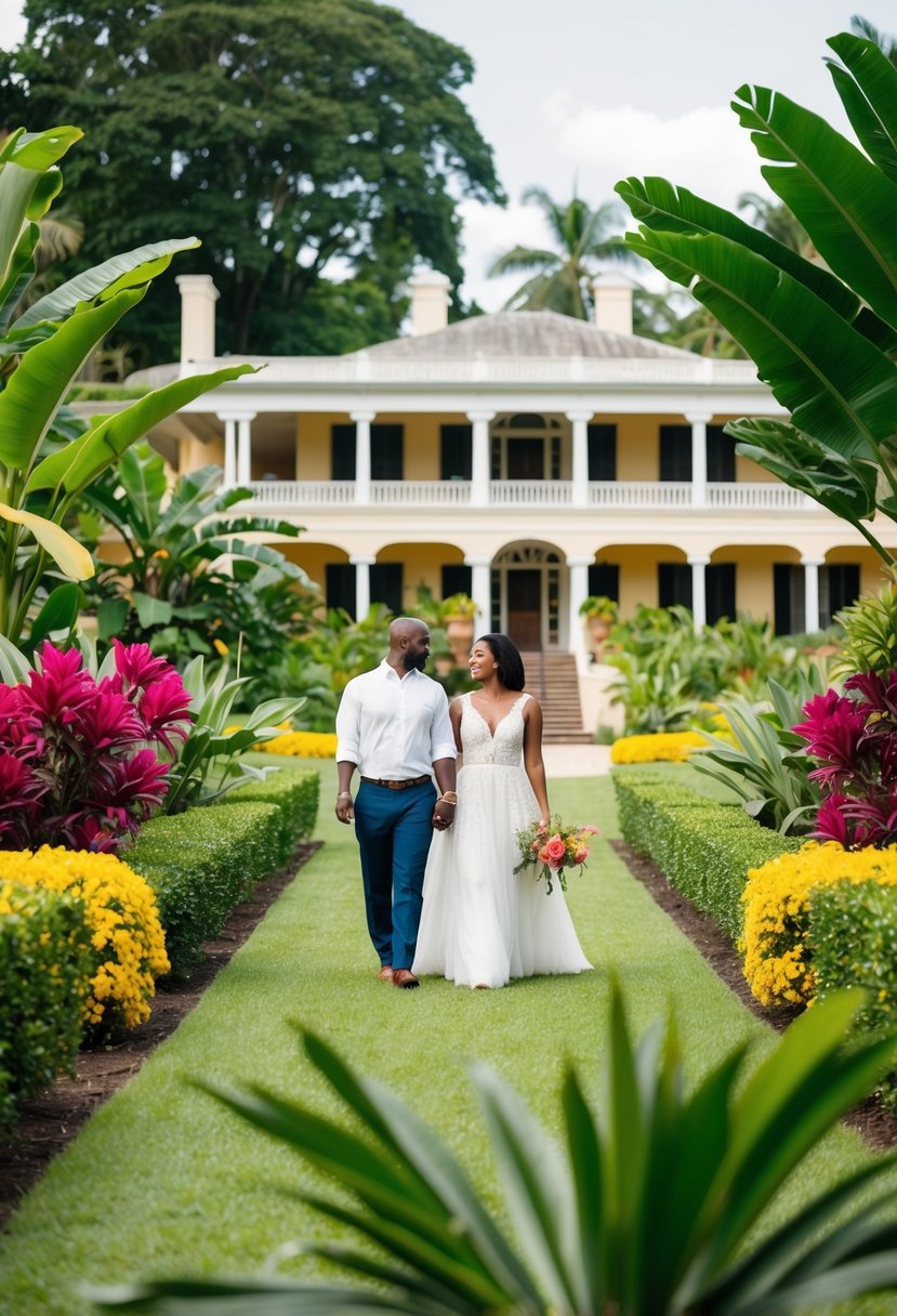 A couple strolls through the lush gardens of Rose Hall Great House, surrounded by vibrant tropical flora and the historic charm of the Jamaican estate