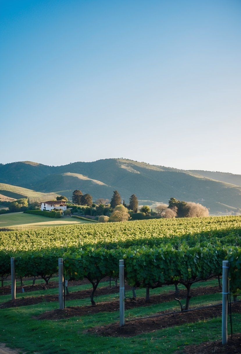 A cozy vineyard nestled in Sonoma, California, with rolling hills and lush greenery under a clear blue sky on a crisp January day