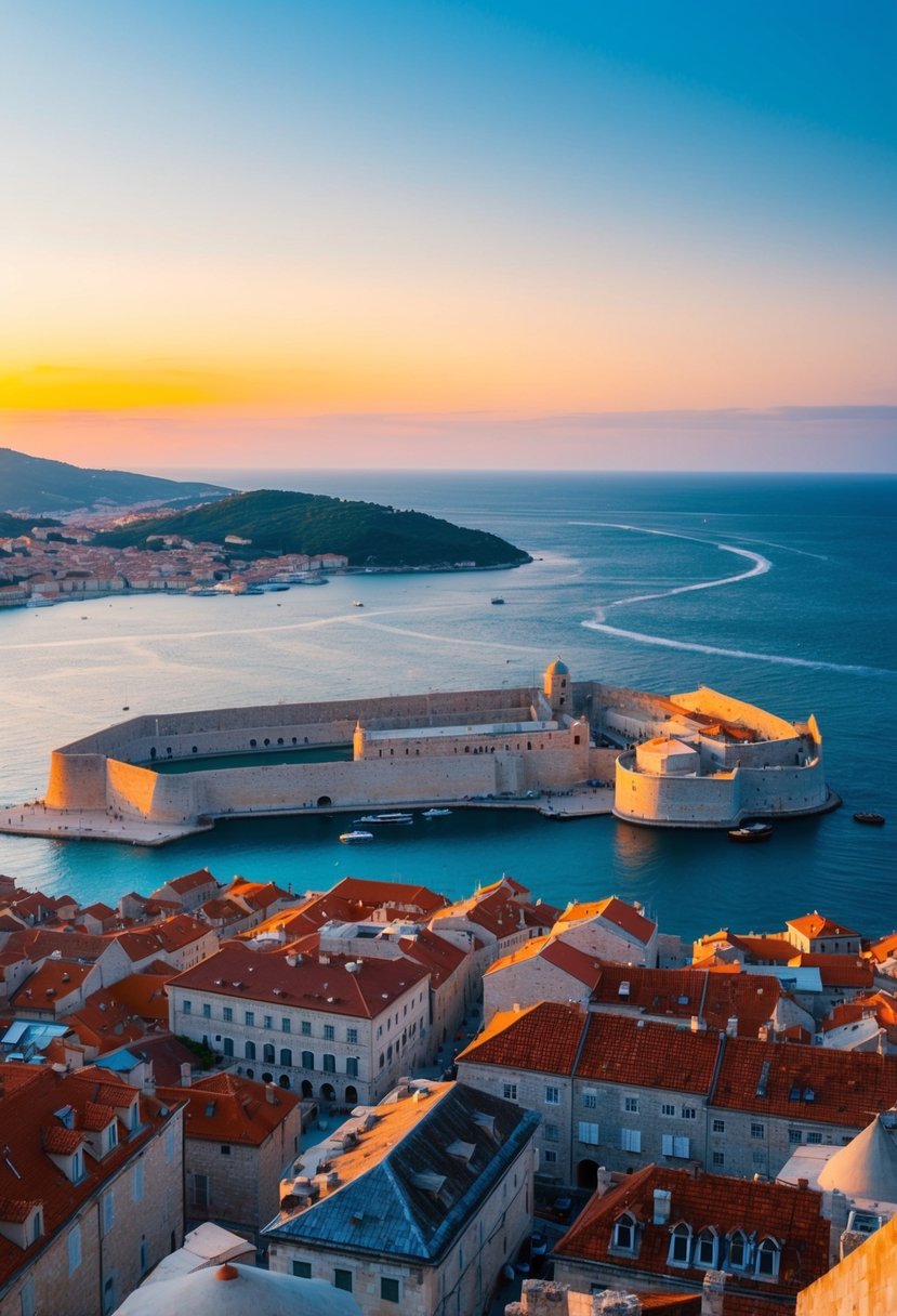 The sun setting over the ancient city walls of Dubrovnik, with the sparkling Adriatic Sea in the background and colorful rooftops below