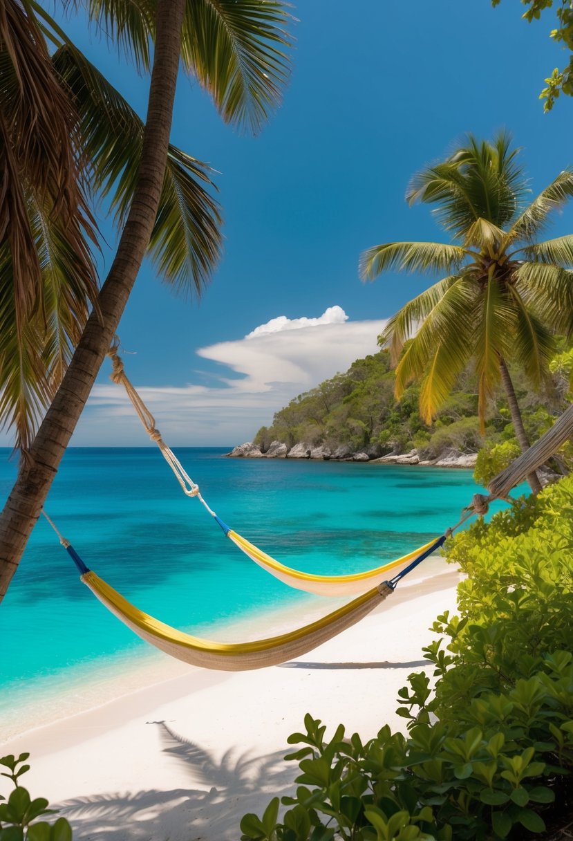 A secluded cove with turquoise waters, white sandy beach, lush greenery, and a couple of hammocks hanging between palm trees