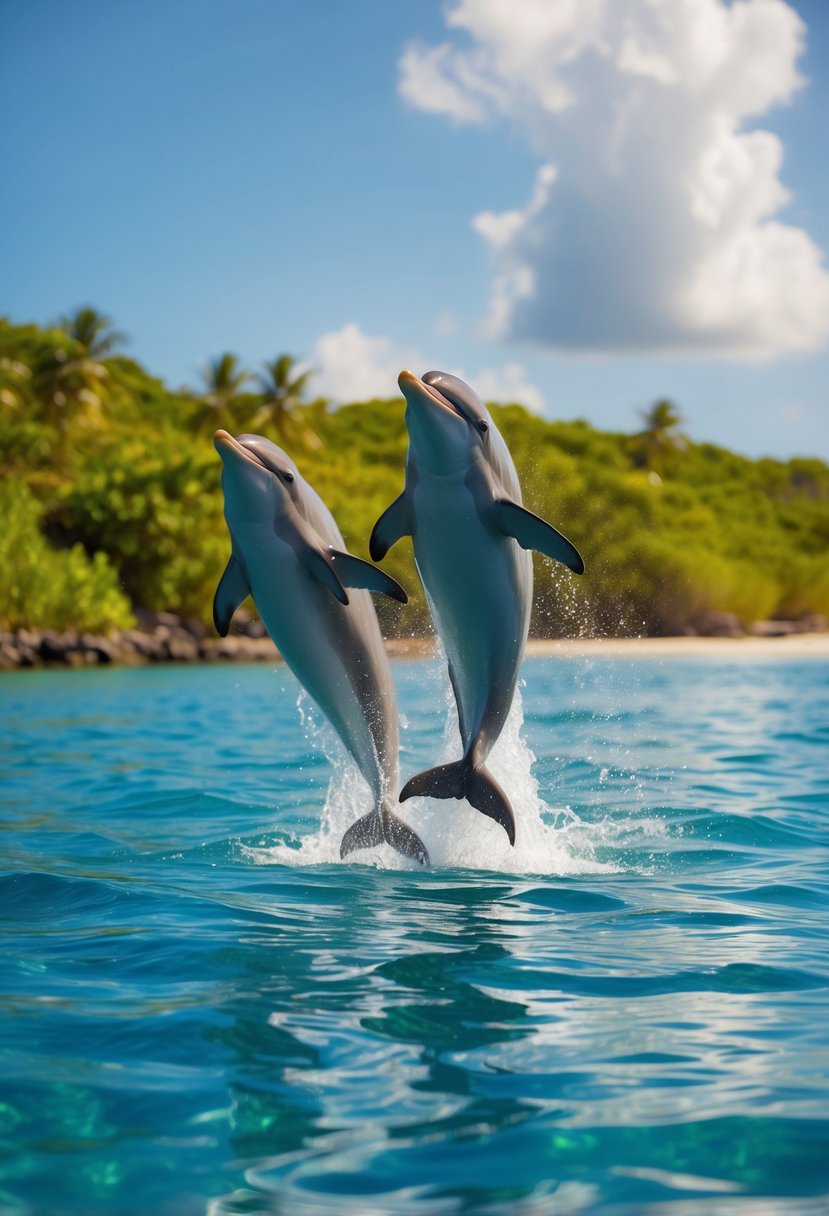 A pair of dolphins gracefully leap from the crystal-clear waters of Dolphin Cove, surrounded by lush greenery and the warm Jamaican sun