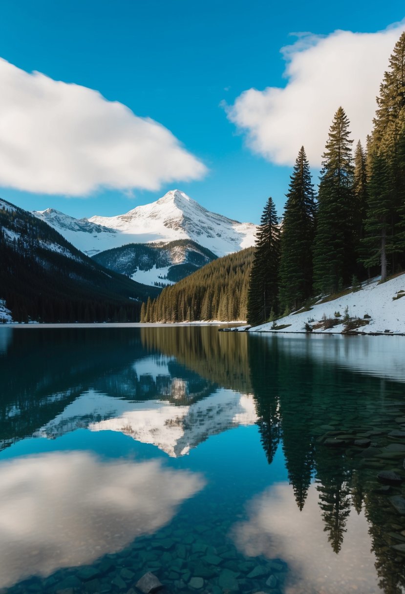 A serene, snow-capped mountain landscape with a crystal-clear lake reflecting the blue sky, surrounded by lush green pine trees