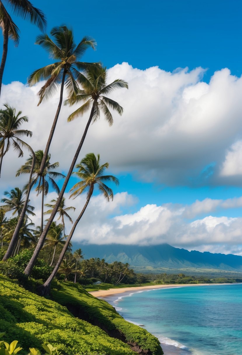 Lush green landscape of Kauai, Hawaii in January, with palm trees, blue skies, and a serene beach, perfect for a honeymoon getaway