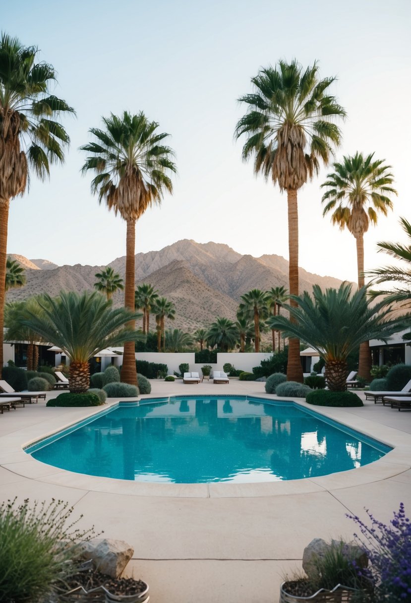 A desert oasis with palm trees and a sparkling pool in Palm Springs, California