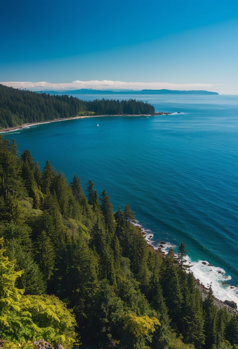 Lush forested coastline meets the sparkling Pacific Ocean under a clear blue sky on Vancouver Island, Canada in July
