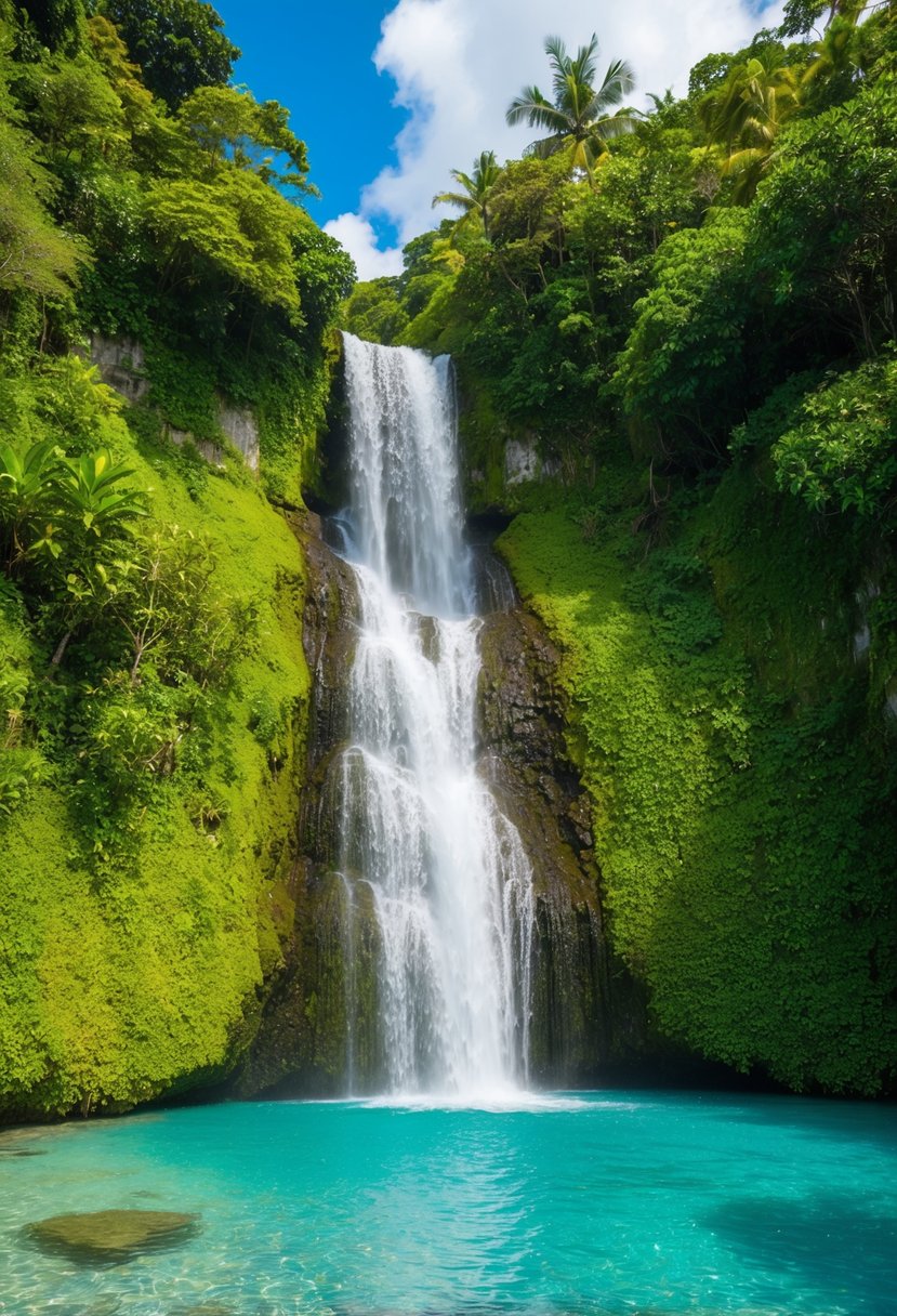 A lush, tropical waterfall cascades into a crystal-clear pool surrounded by vibrant greenery at YS Falls, Jamaica