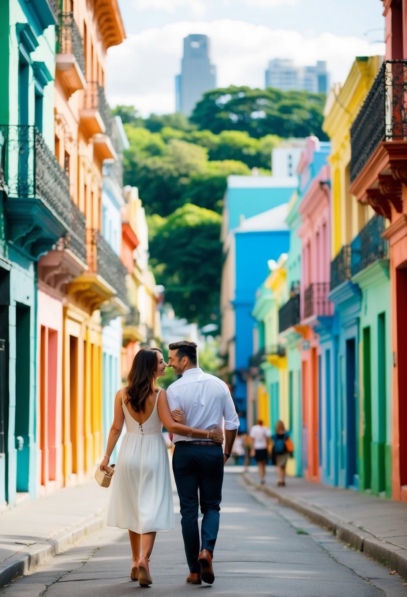 A couple strolling through the colorful streets of Buenos Aires, with vibrant buildings and lush greenery in the background, creating a romantic and picturesque scene for a honeymoon getaway in July