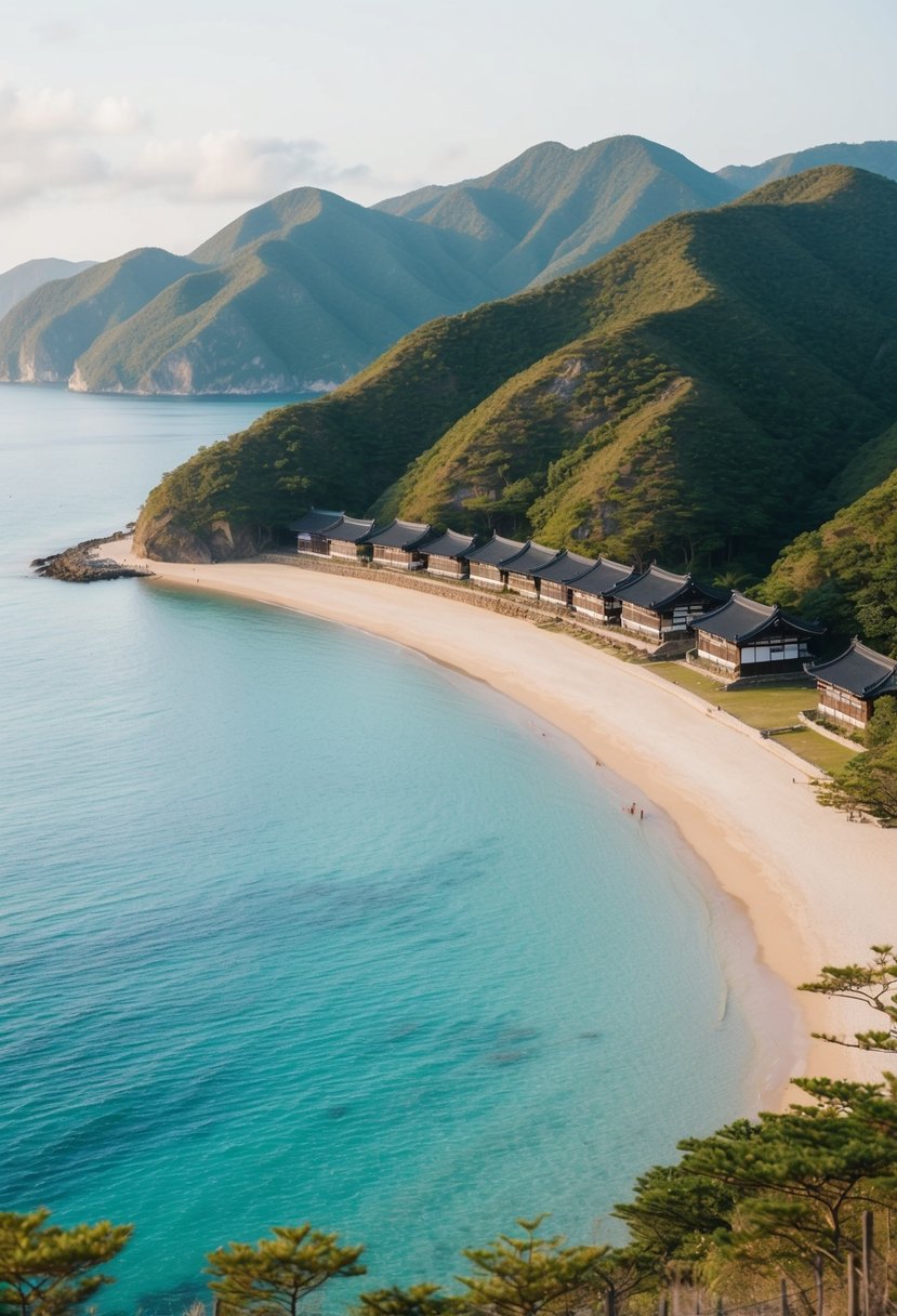 A serene beach with traditional hanok houses nestled among lush green mountains, overlooking the crystal-clear waters of Jeju Island