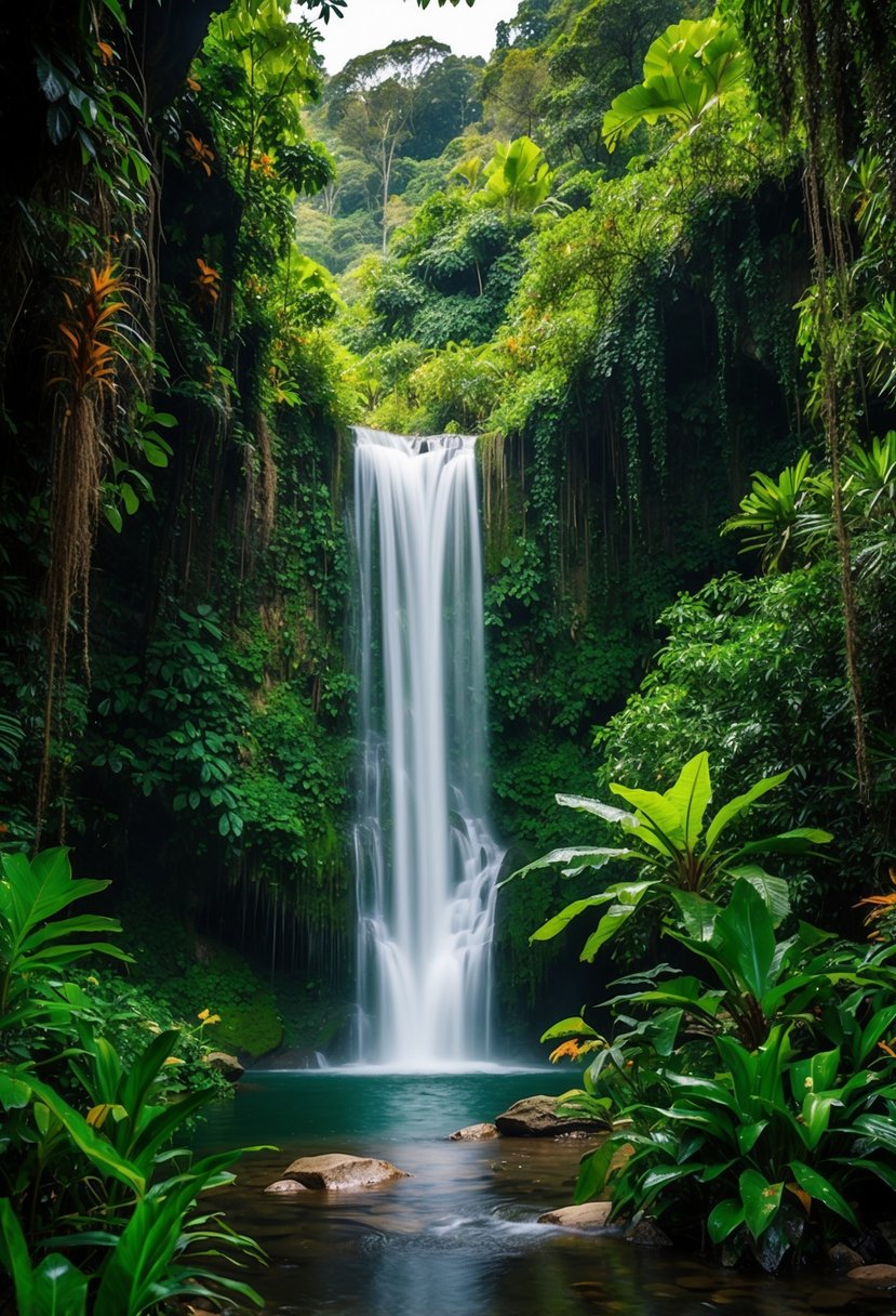 Lush jungle with cascading waterfalls and vibrant wildlife
