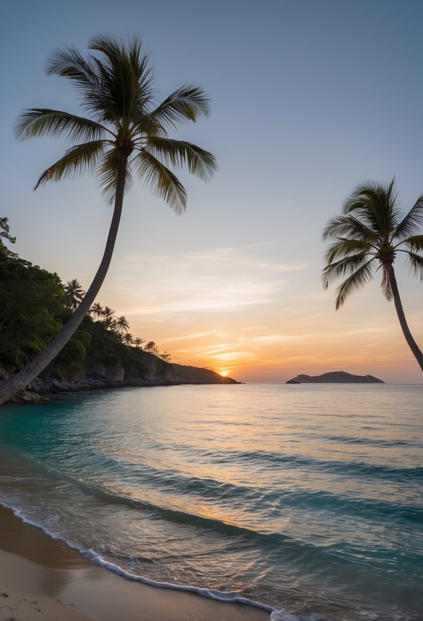 A serene beach with crystal-clear waters, palm trees, and a picturesque sunset over the horizon on Jeju Island