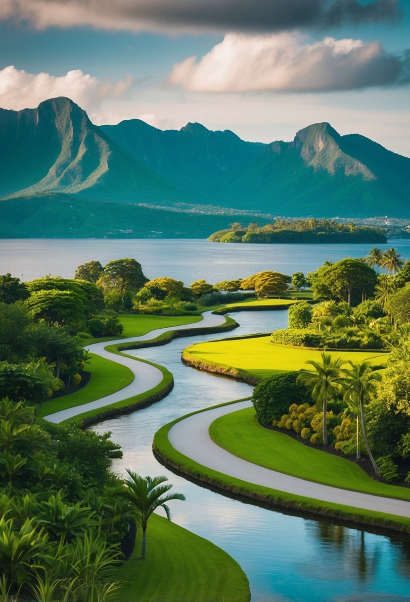 A serene island landscape with lush greenery, winding pathways, and a tranquil river flowing through, surrounded by picturesque mountains in the background
