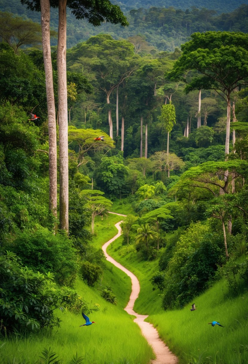 Lush green jungle with tall trees, colorful birds, and winding paths in Bwindi Impenetrable Forest, Uganda