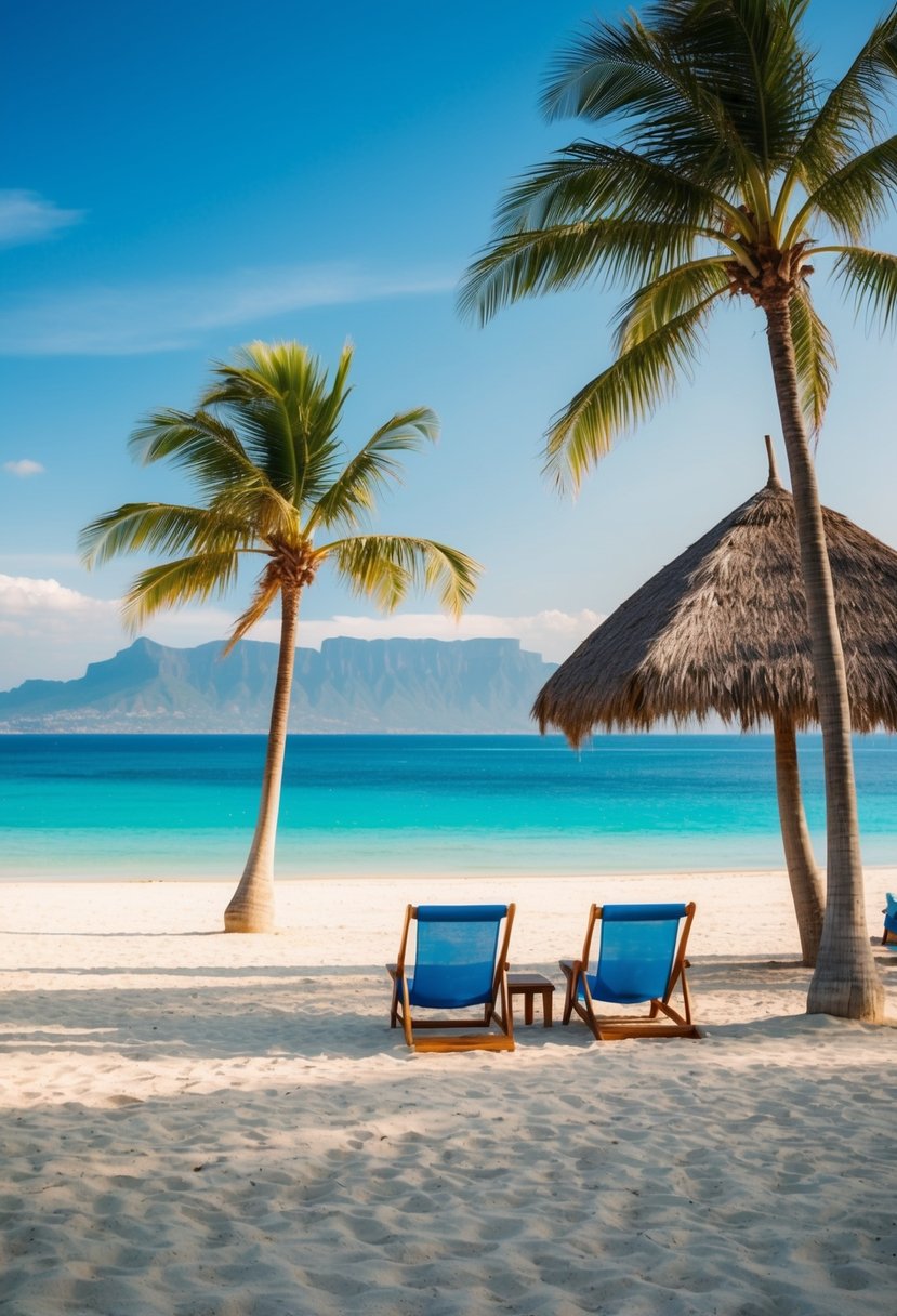 A serene beach with palm trees, clear blue waters, and a couple of beach chairs facing the ocean. A thatched-roof hut and a distant mountain range complete the picturesque scene