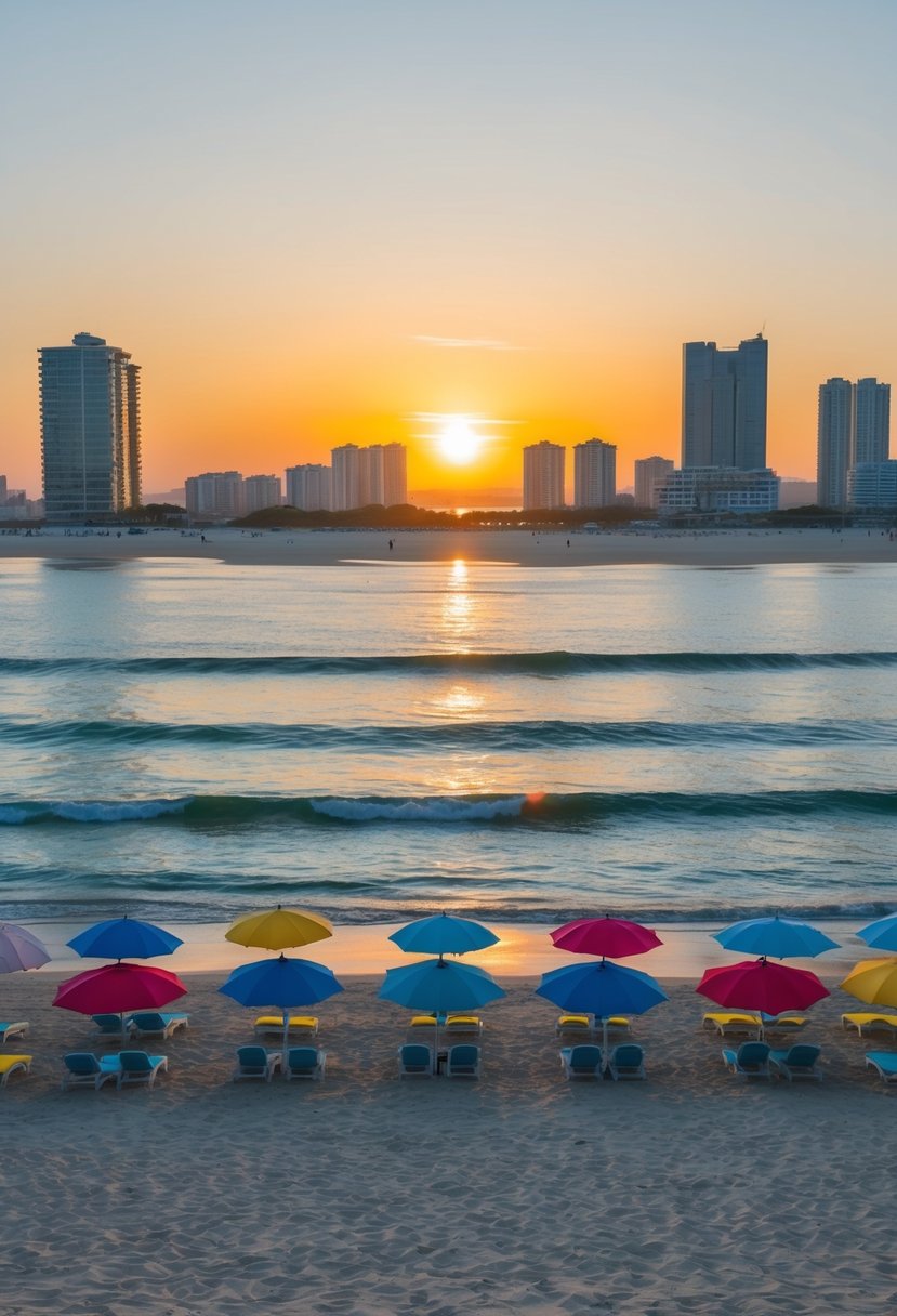 Sunset over Haeundae Beach, with calm waves and colorful umbrellas dotting the sandy shore, framed by a backdrop of high-rise buildings and a clear blue sky