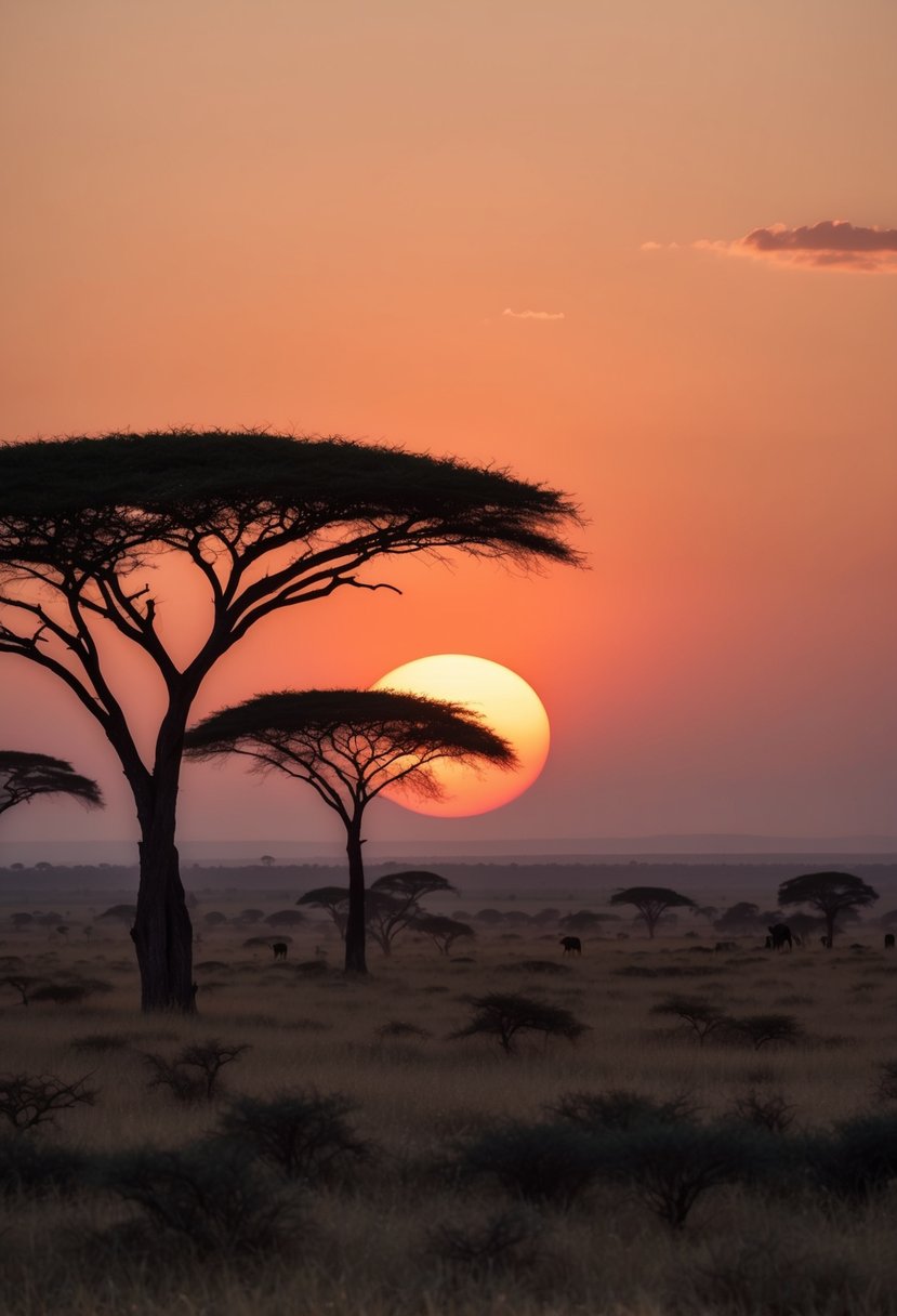 A serene sunset over the vast Masai Mara savannah, with acacia trees and wildlife in the distance