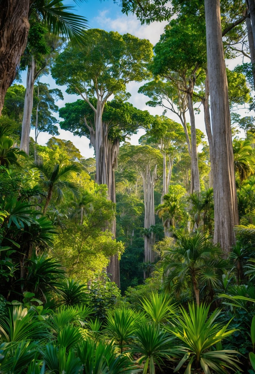 Lush greenery, towering trees, exotic flora, and vibrant birdlife in the Daintree Rainforest, Australia
