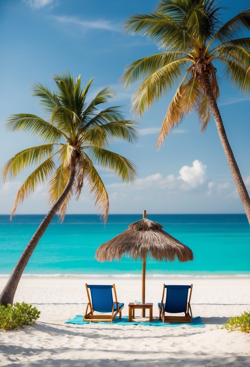 A serene beach with palm trees, turquoise waters, and white sand, with a couple of beach chairs and a thatched umbrella