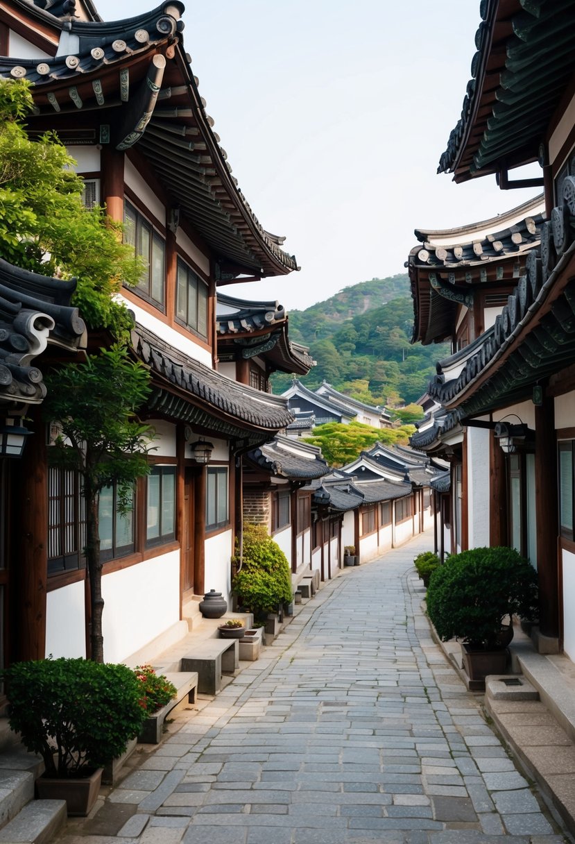 Traditional Korean hanok houses line narrow streets in Seoul's Bukchon Hanok Village, nestled among lush greenery and offering a serene atmosphere for honeymooners