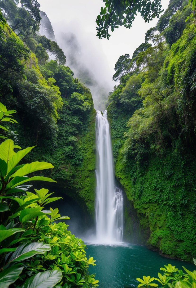 Lush green foliage surrounds a cascading waterfall in the Monteverde Cloud Forest, with misty clouds drifting through the treetops