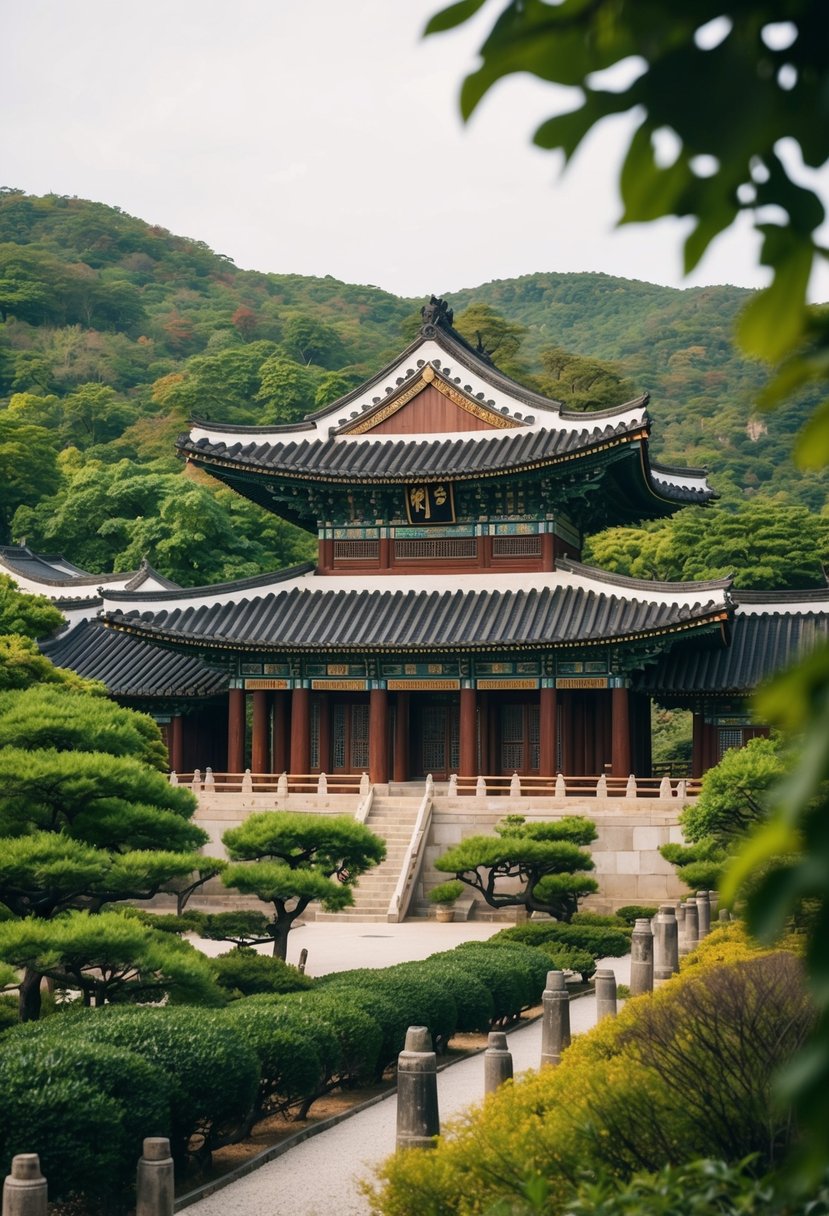 Bulguksa Temple nestled in Gyeongju, Korea, surrounded by lush greenery and traditional architecture, with a serene and peaceful atmosphere