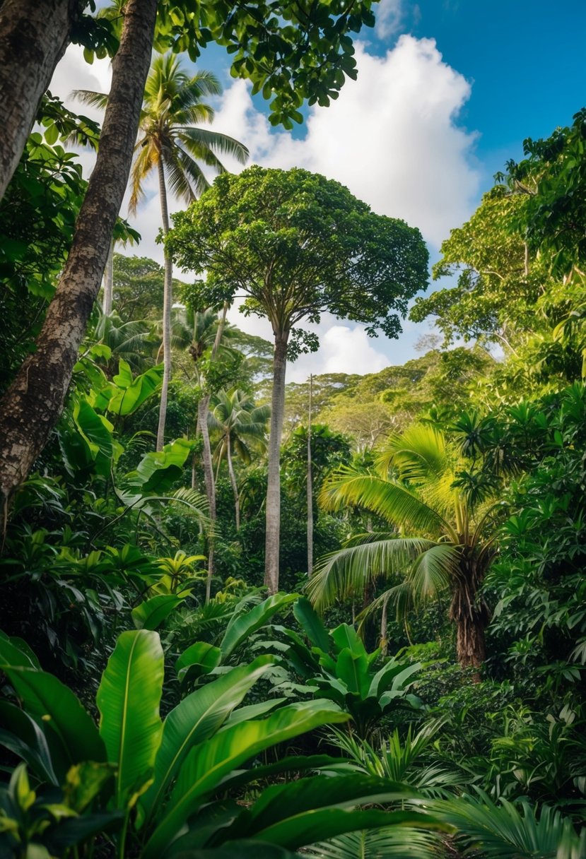 Lush Belizean jungle with towering trees, vibrant foliage, and exotic wildlife