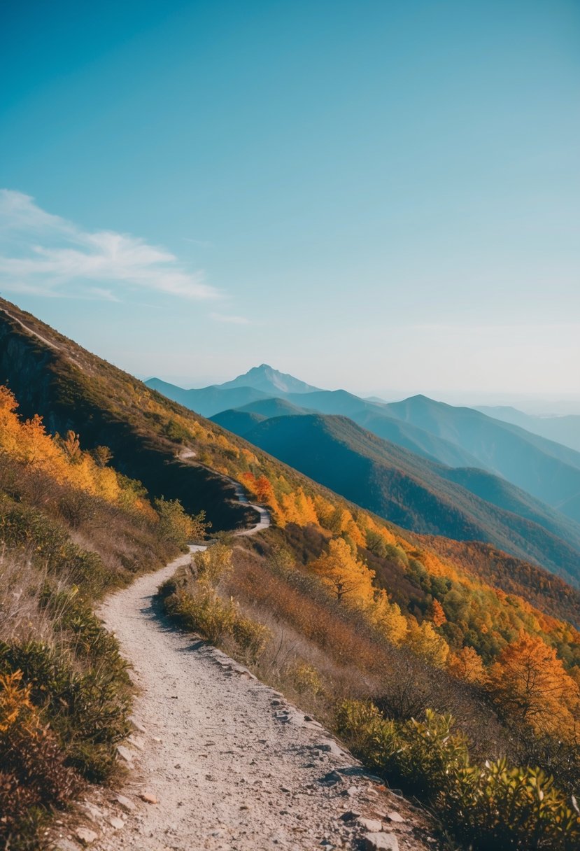 A serene mountain landscape with a winding trail, colorful foliage, and a clear blue sky, perfect for a honeymoon getaway