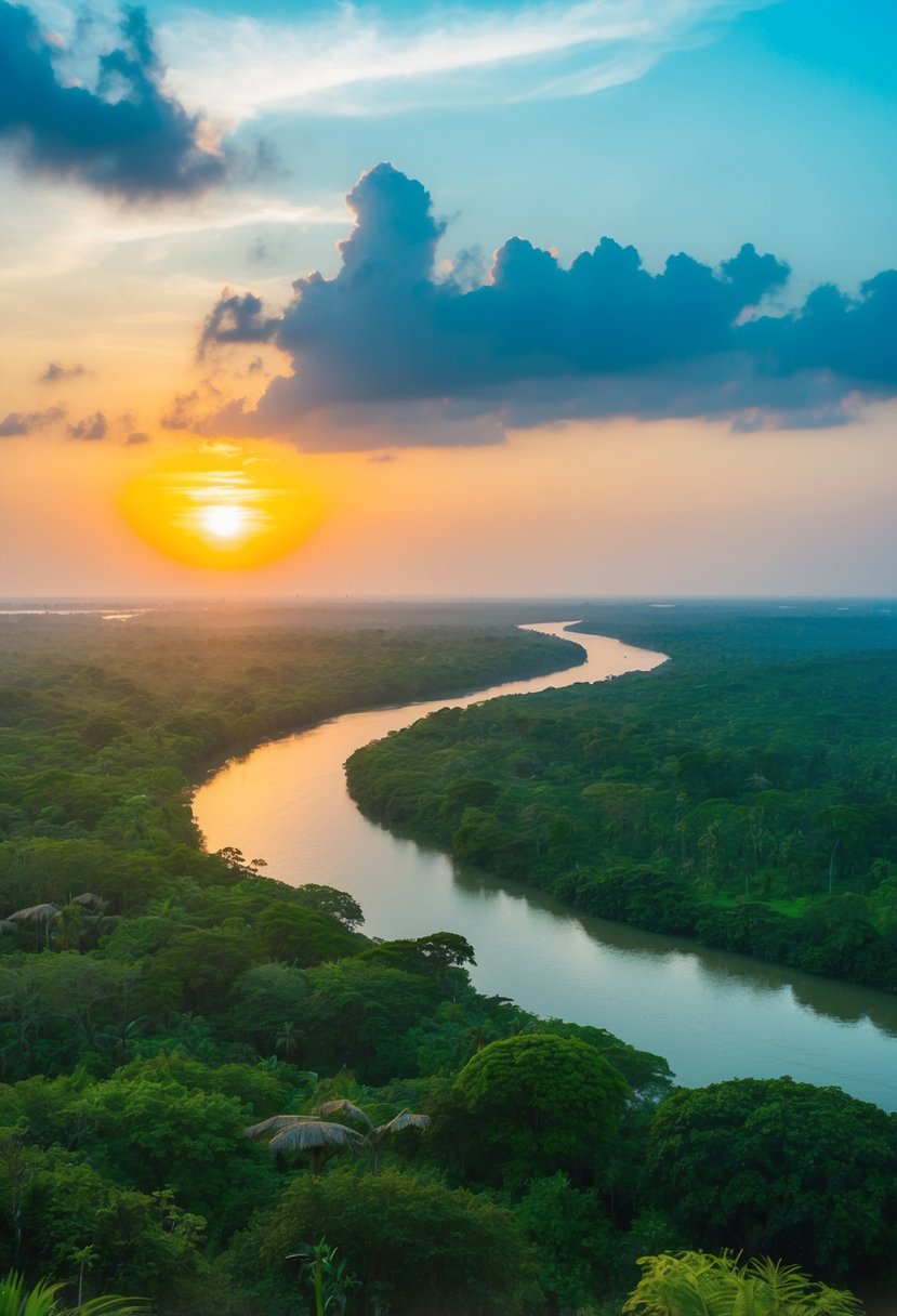 Lush green jungle with winding rivers and exotic wildlife, set against a golden sunset in Sundarbans, India