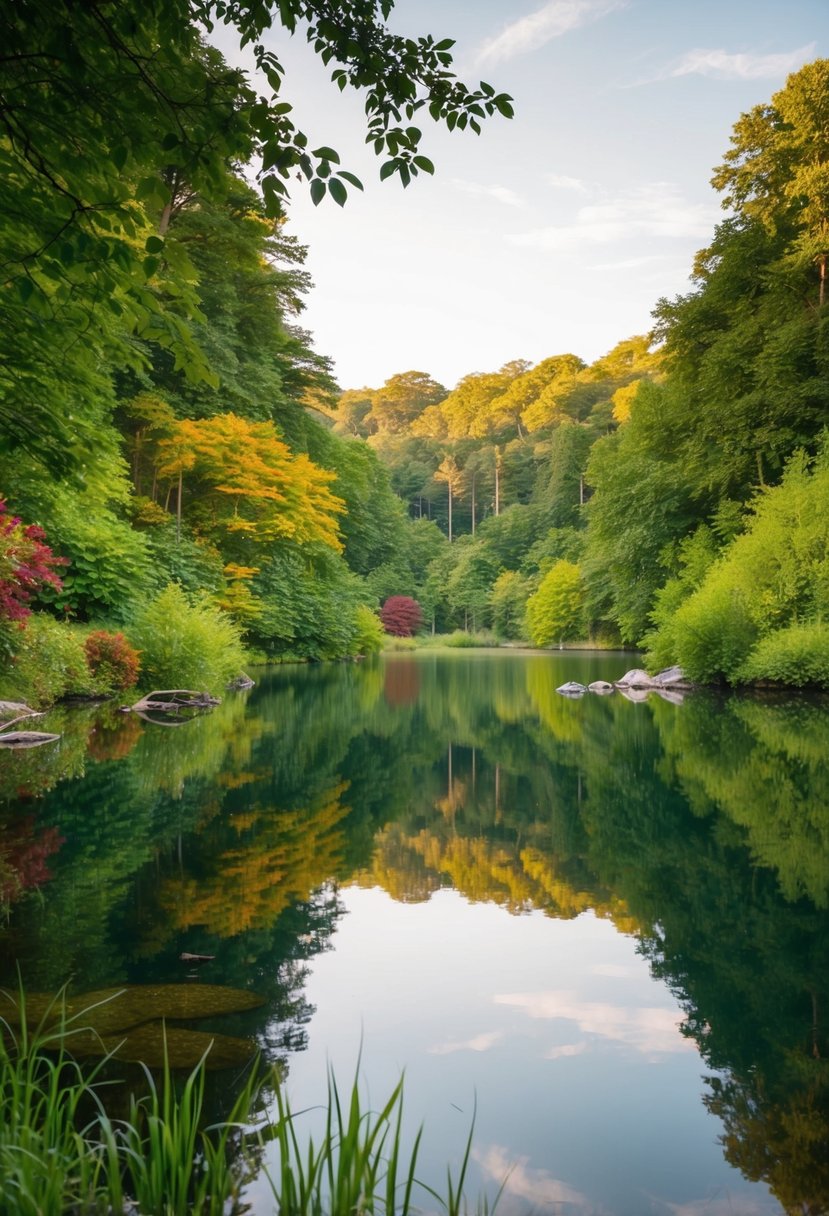 A serene lake surrounded by lush greenery and colorful wildlife