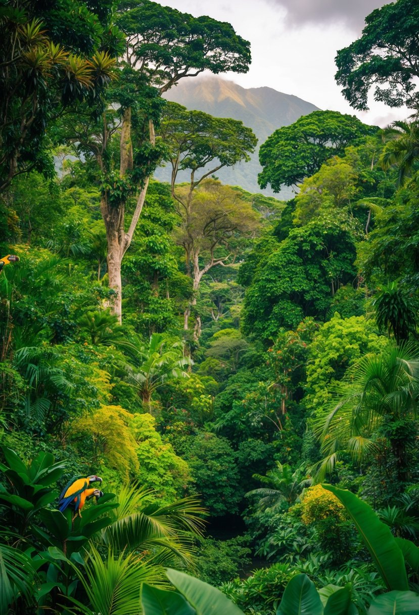 Lush green jungle with towering trees, colorful birds, and exotic wildlife in Yasuni National Park, Ecuador