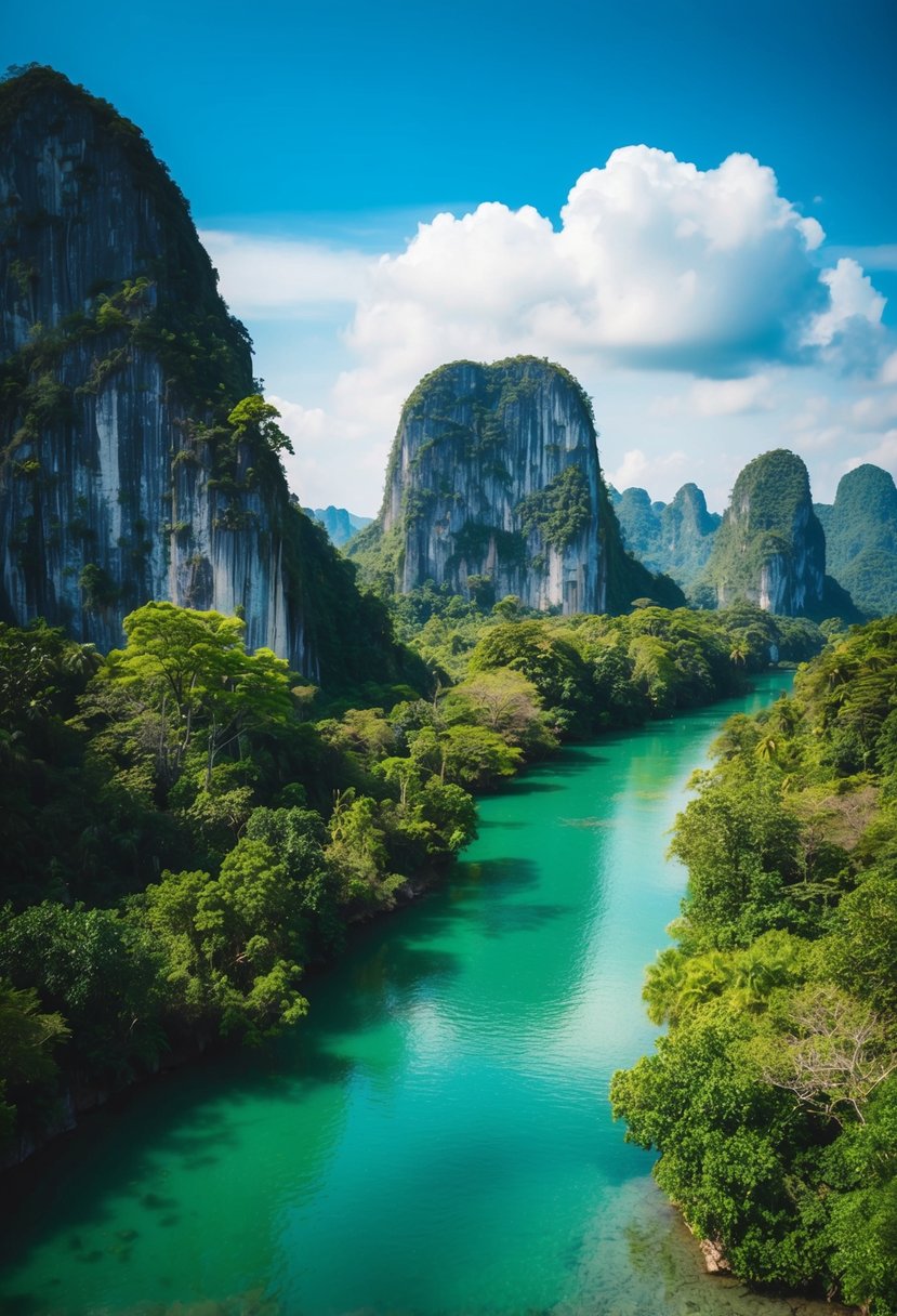 Lush jungle with towering limestone cliffs and crystal-clear rivers in Phong Nha-Ke Bang, Vietnam