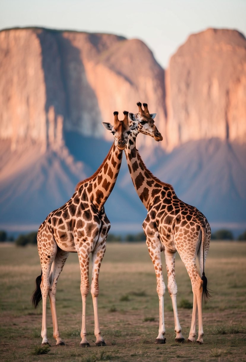 A couple of giraffes grazing in the open savannah of Hell's Gate National Park, with the towering cliffs in the background
