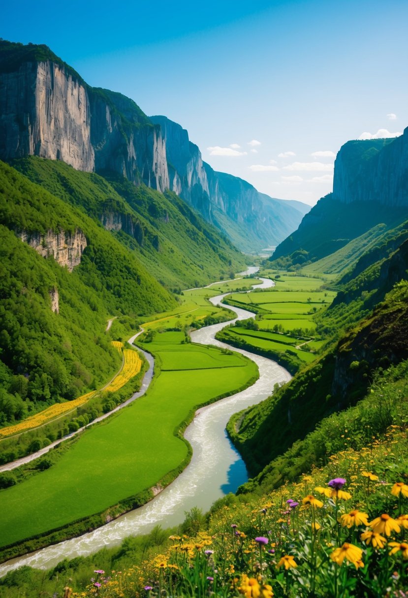 Lush green valley with winding river and colorful flowers, surrounded by towering cliffs and clear blue skies