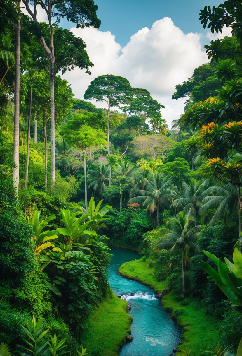 Lush jungle with towering trees, vibrant foliage, and a winding river in Ubud, Bali